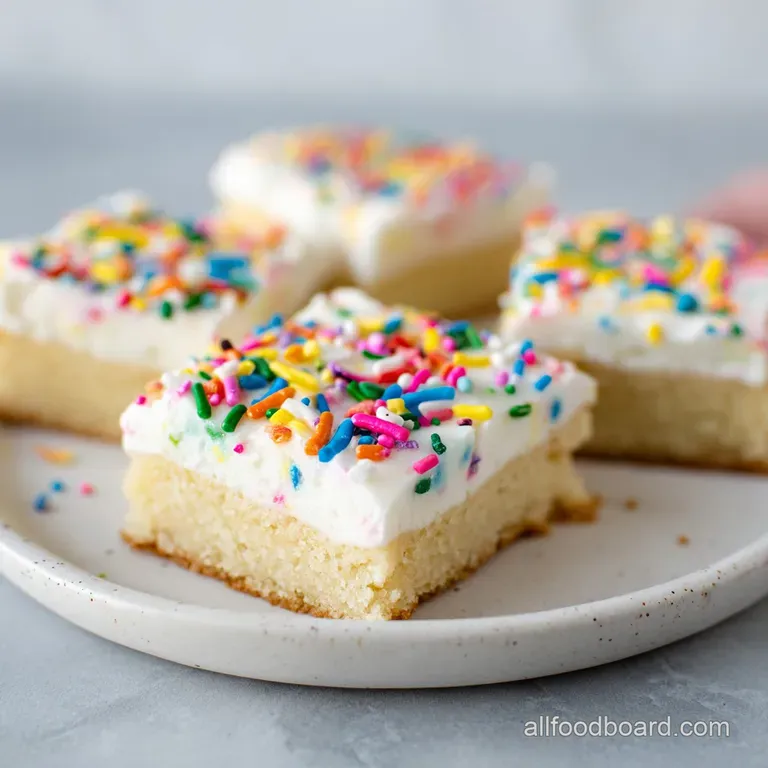 Frosted sugar cookie bar on a white plate, thick creamy frosting with festive sprinkles. Soft, chewy texture is shown.