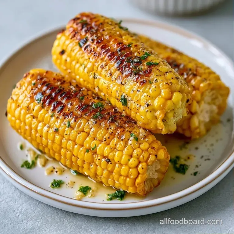 Six ears of grilled corn arranged on a rustic wooden board with melted butter and sprinkles of chopped green herbs.