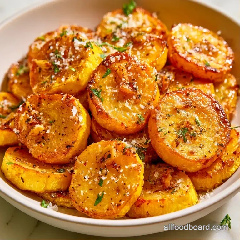 Roasted yellow squash medallions arranged on a white plate, garnished with fresh herbs and a drizzle of oil.