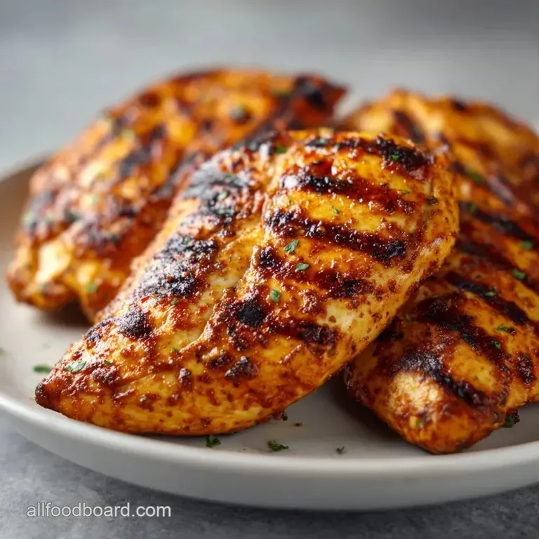 Sliced golden-brown poultry breasts arranged on a ceramic plate with a bright lemon wedge and steamed asparagus.