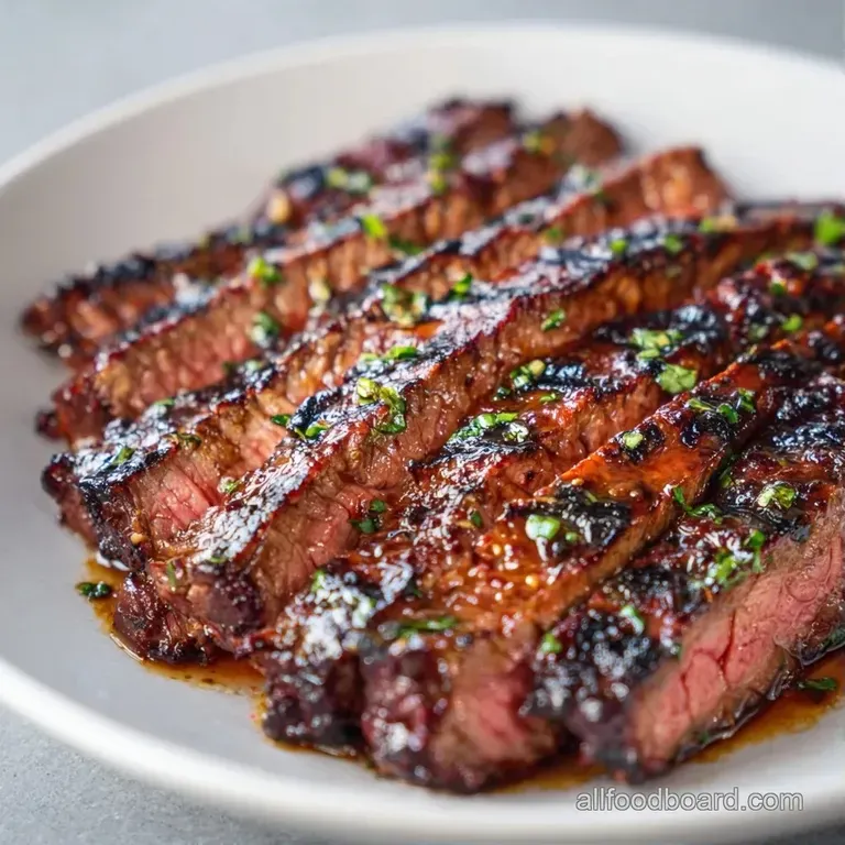 Thinly sliced medium-rare steak fanned out on a white plate, garnished with fresh parsley and a drizzle of oil.