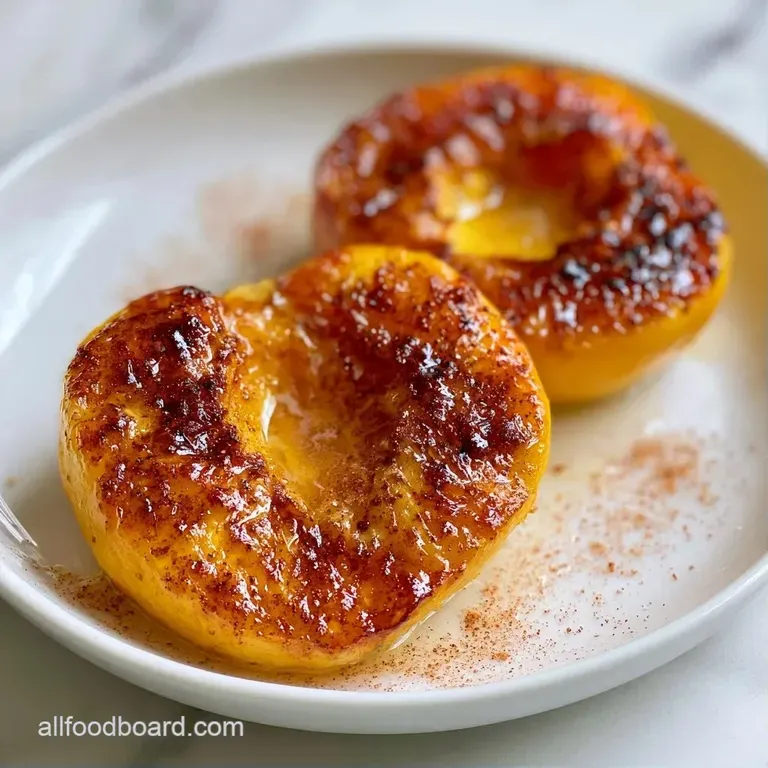 Golden-brown grilled fruit halves topped with melting cream and a sprinkle of cinnamon on a white ceramic plate.