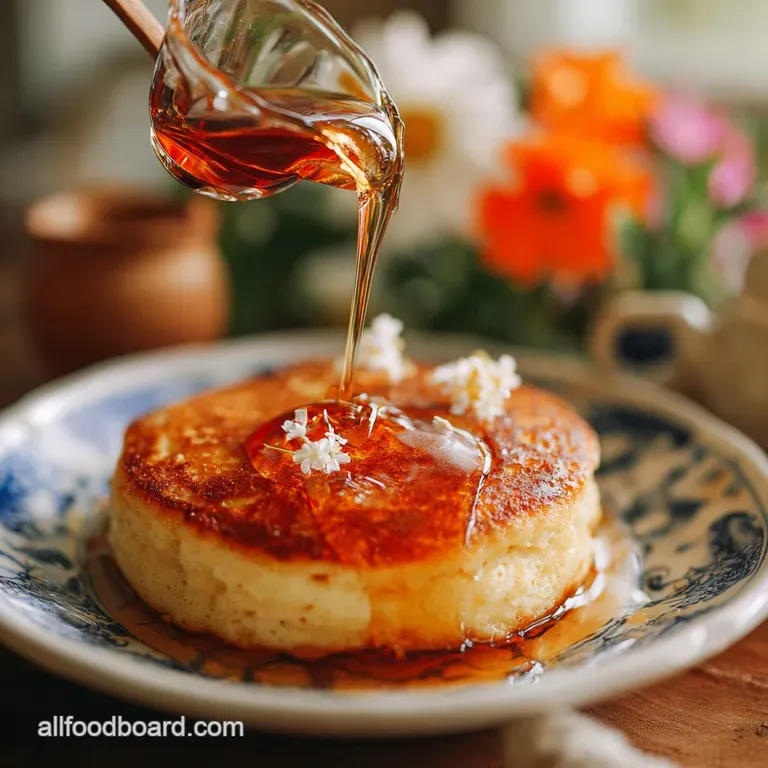 Glistening syrup drizzled artfully over pancakes, adorned with fresh berries and a dusting of powdered sugar.
