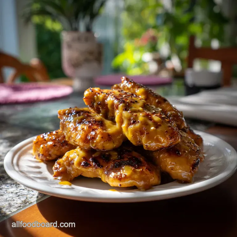 Tender chicken breasts coated in honey mustard glaze, artfully plated with vibrant roasted vegetables. A refined, elegant ...