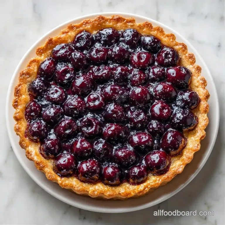 A slice of rustic berry tart on a white plate with a melting scoop of vanilla ice cream and a sprig of fresh mint.