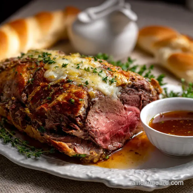 Elegant plate featuring thinly sliced, juicy prime rib, artfully fanned and drizzled with a rich jus. Garnished with fresh...