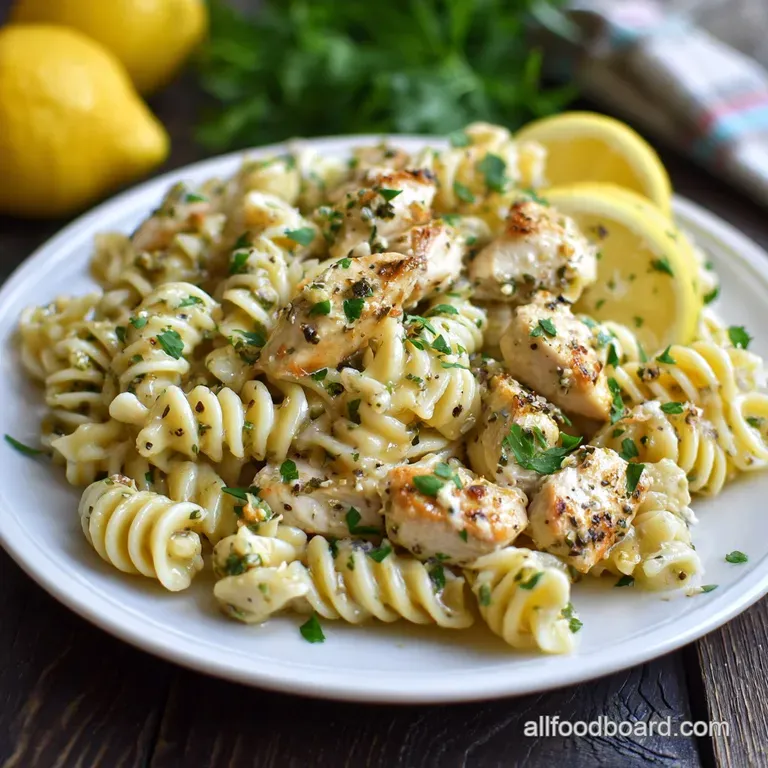 Elegant plate of lemon chicken pasta. Notice the juicy chicken, bright lemon zest, and perfectly al dente noodles, all dri...