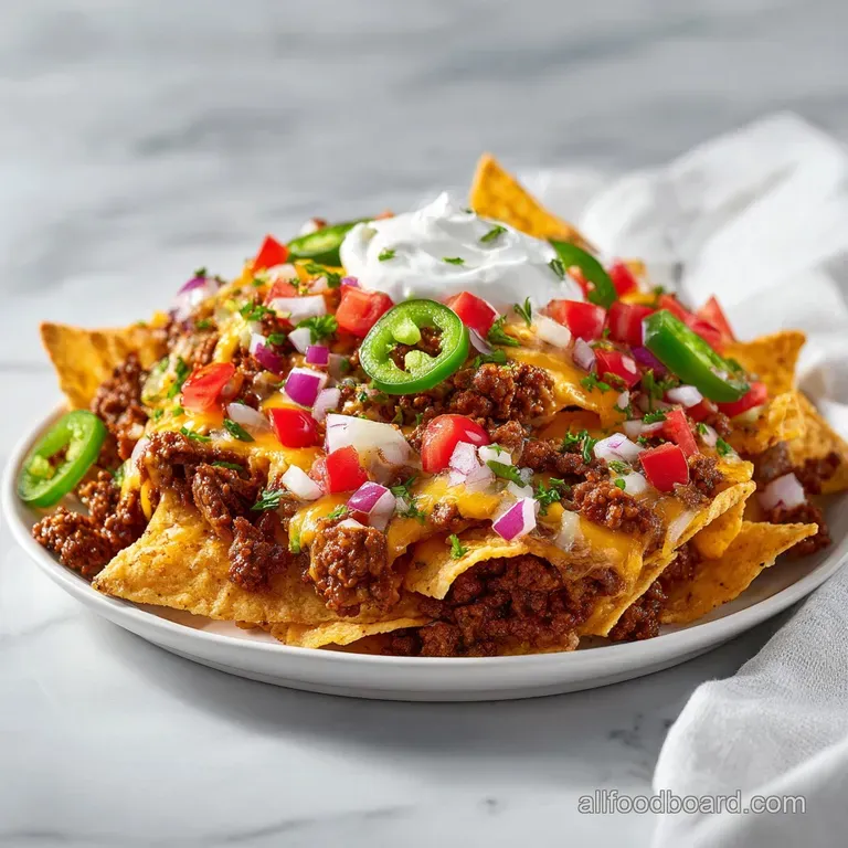 An artful arrangement of golden tortilla chips, rich beef, creamy cheese sauce, and colorful toppings, garnished with cila...