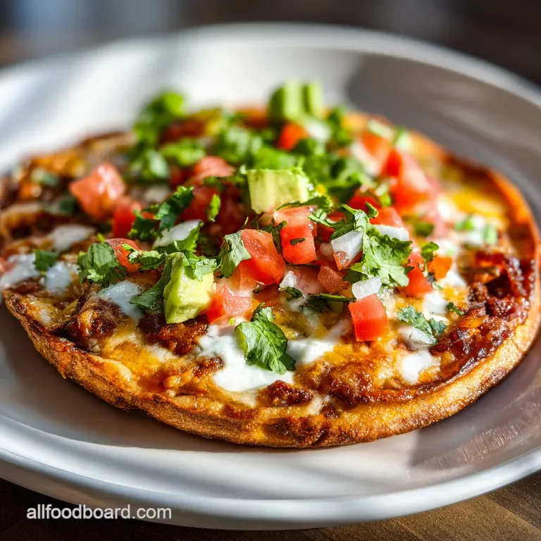 A single Mexican pizza, artfully arranged on a plate. Vibrant toppings of juicy tomatoes, crisp lettuce, and creamy sauce.