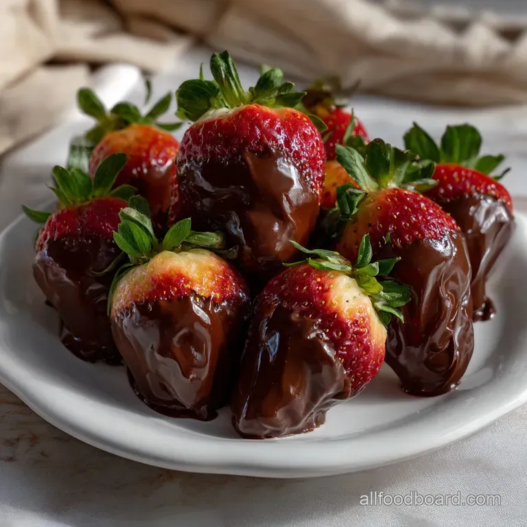 Elegant arrangement of chocolate-covered strawberries on a serving platter, showcasing the glistening chocolate and fresh ...