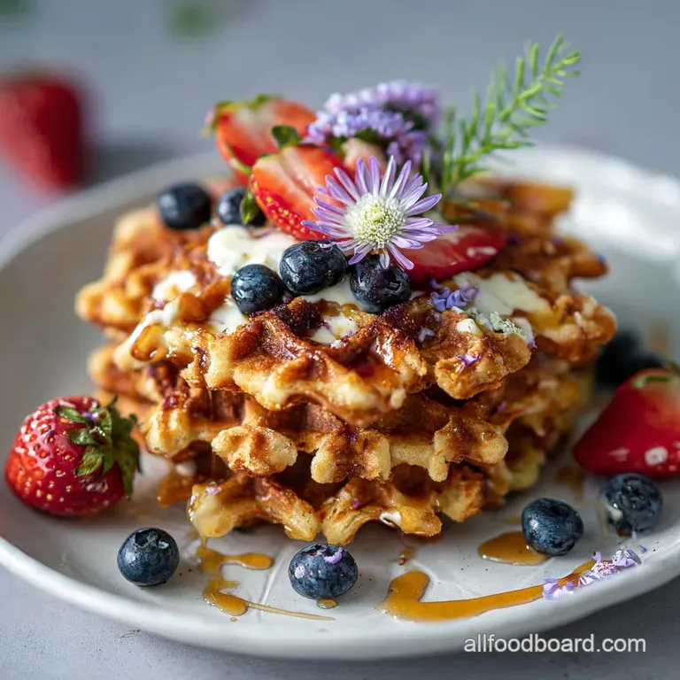 Perfectly golden-brown protein waffle quarters plated with fresh raspberries, a dollop of whipped cream, and dusting of co...
