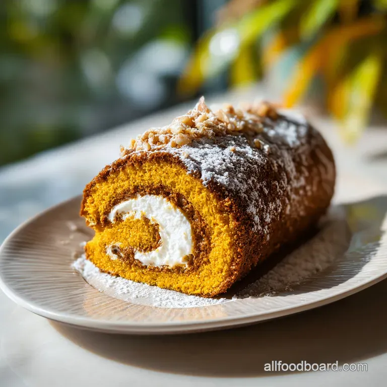 A perfect slice of pumpkin roll showcasing the spiral of spiced cake and sweet cream, garnished with a dusting of powdered...