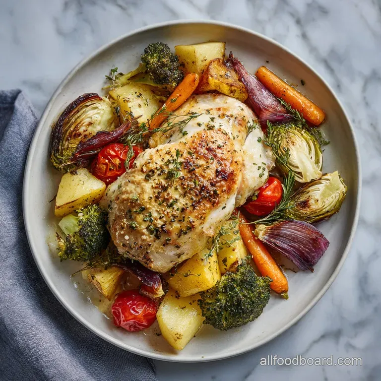 Elegant plate of roasted chicken breast with crispy skin and tender vegetables, drizzled with a flavorful pan sauce. Warm ...