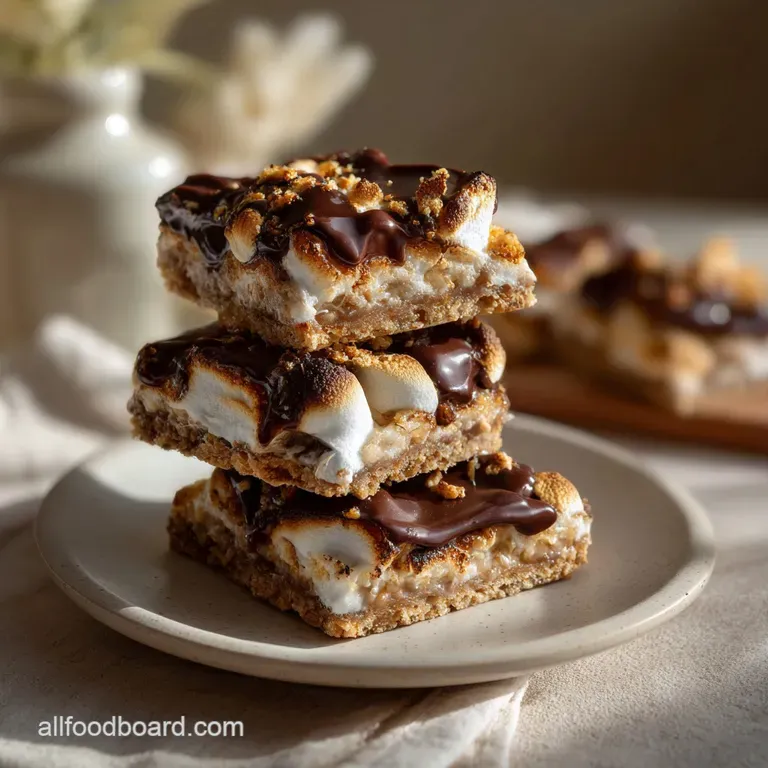 Overhead shot of golden-brown squares with a crinkly, textured top, revealing a gooey, melted marshmallow layer and chocol...