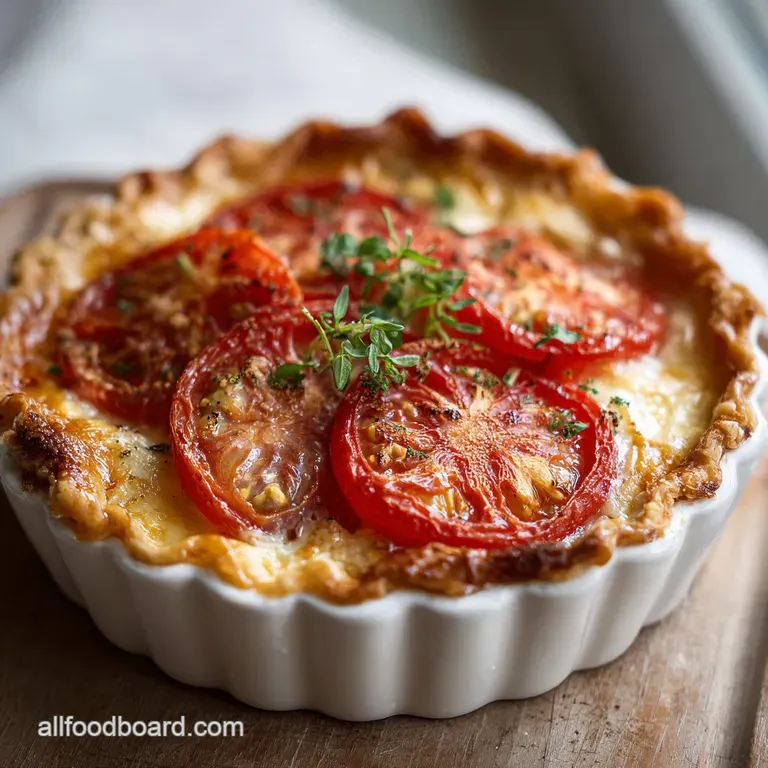 A rustic slice of tomato pie with a flaky crust, showcasing juicy tomato layers and melted cheese.