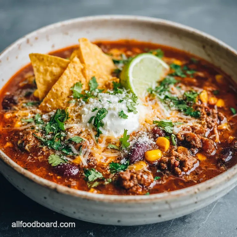 Steaming taco soup in a rustic bowl. Garnished with vibrant green cilantro, creamy avocado, and a dollop of cool sour cream.