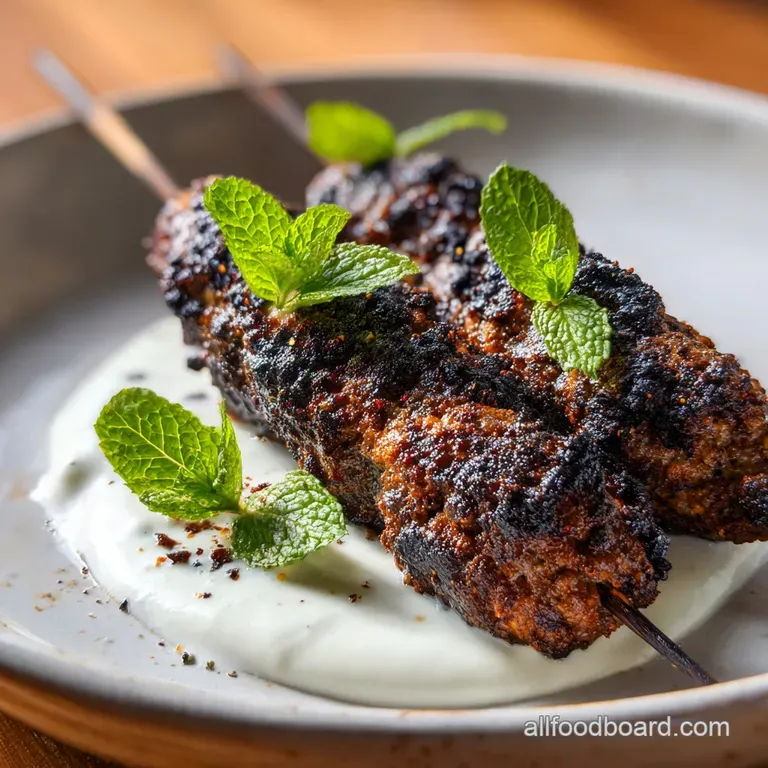 Golden-brown meat skewers plated with a swirl of creamy white yogurt dip and fresh herb sprigs on a slate board.