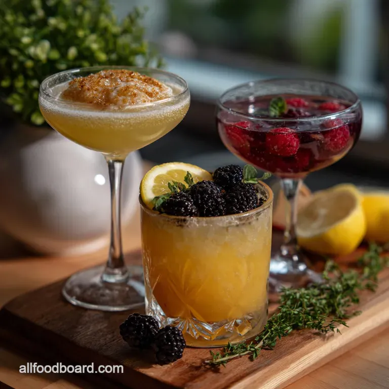 Vibrant cocktails with colorful garnishes arranged on a stylish bar top, capturing a festive, celebratory mood with a warm...