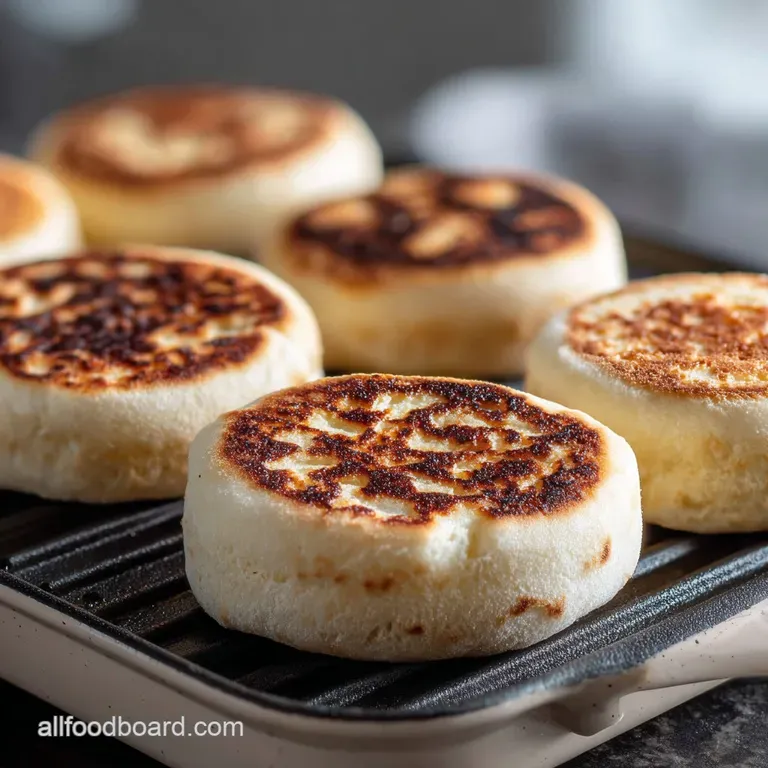 Buttery, toasted English muffin halves with melted butter glistening, showcasing their soft, airy interior. Warm and invit...