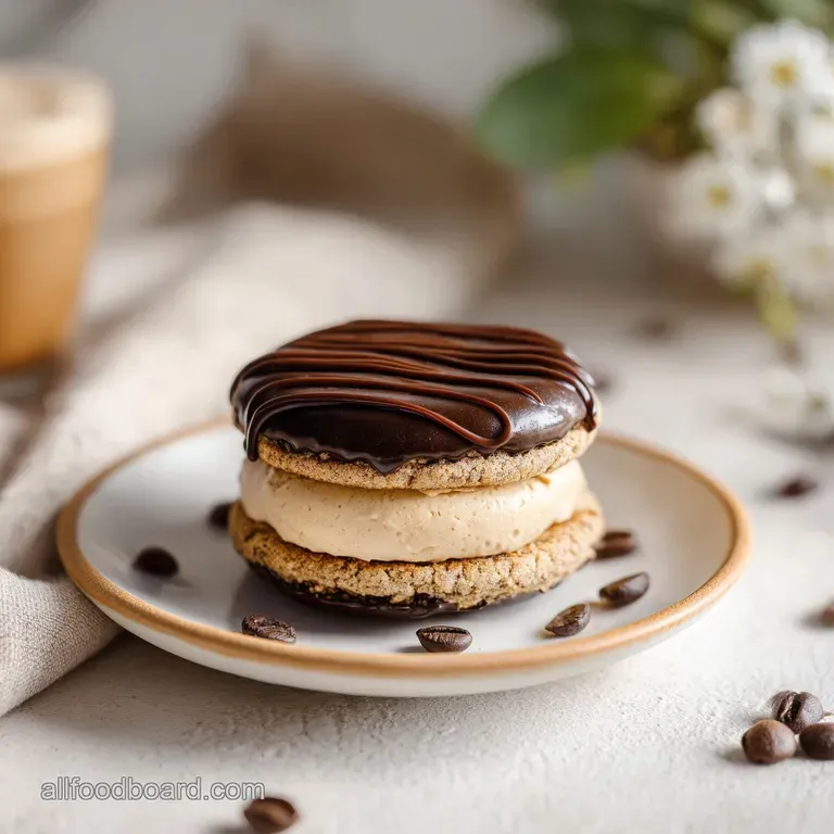 A trio of espresso martini cookies artfully arranged on a white plate with a coffee bean garnish.