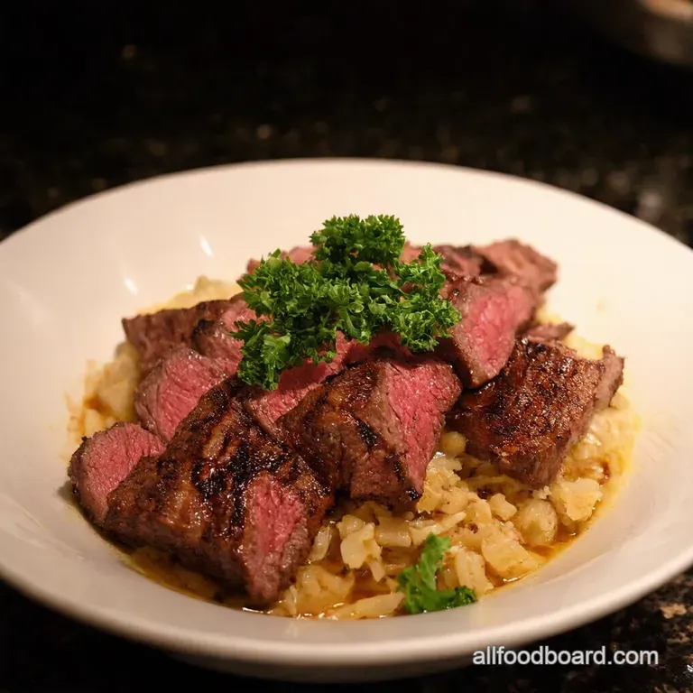 Firekissed Steak Bowl with Zesty Zucchini and Creamy Dream Sauce presentation