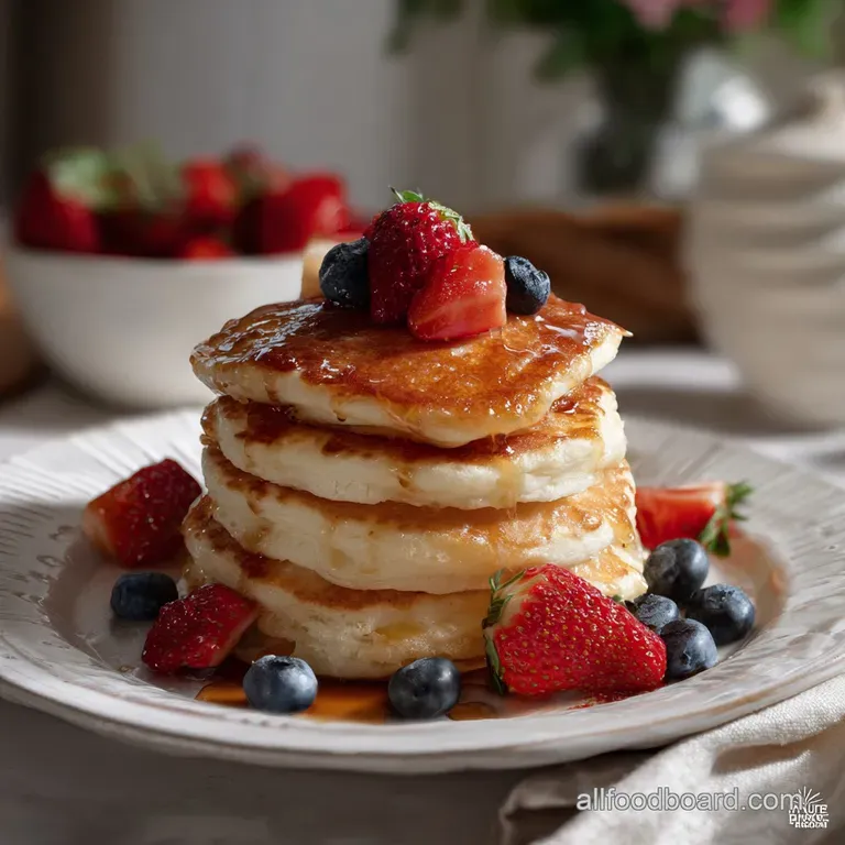 Fluffy buttermilk pancakes artfully arranged on a white plate, garnished with fresh berries and a dusting of powdered suga...