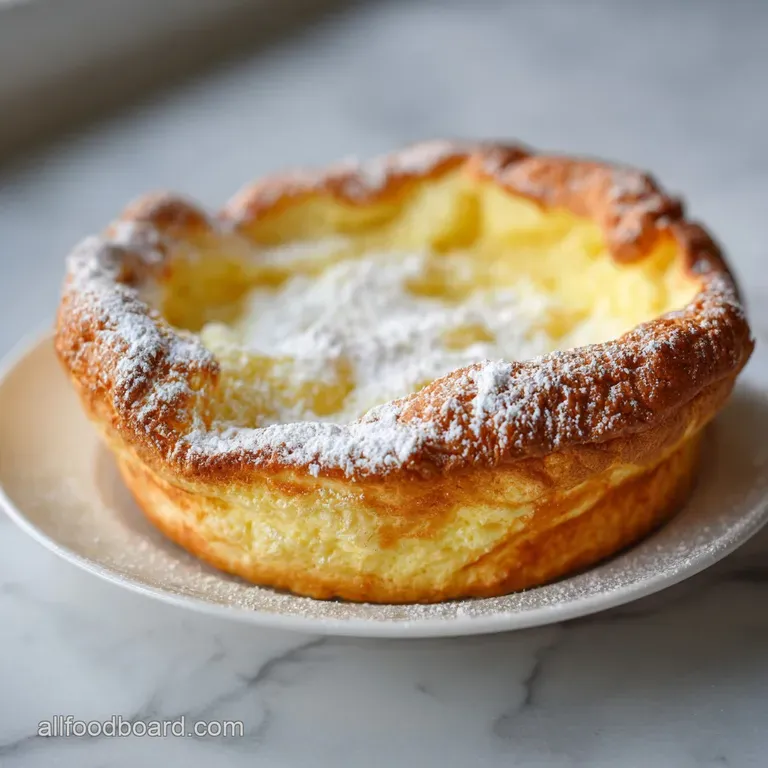 A rustic German pancake, puffed and golden, dusted with powdered sugar and a dollop of whipped cream.