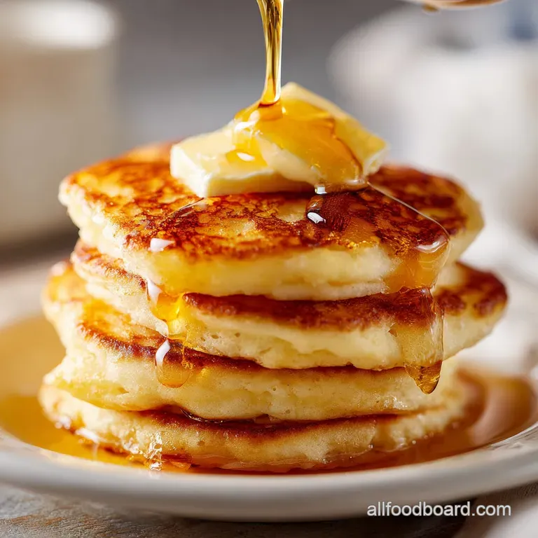 A neat stack of golden cakes on a white ceramic plate, dusted with powdered sugar and sliced fresh strawberries.