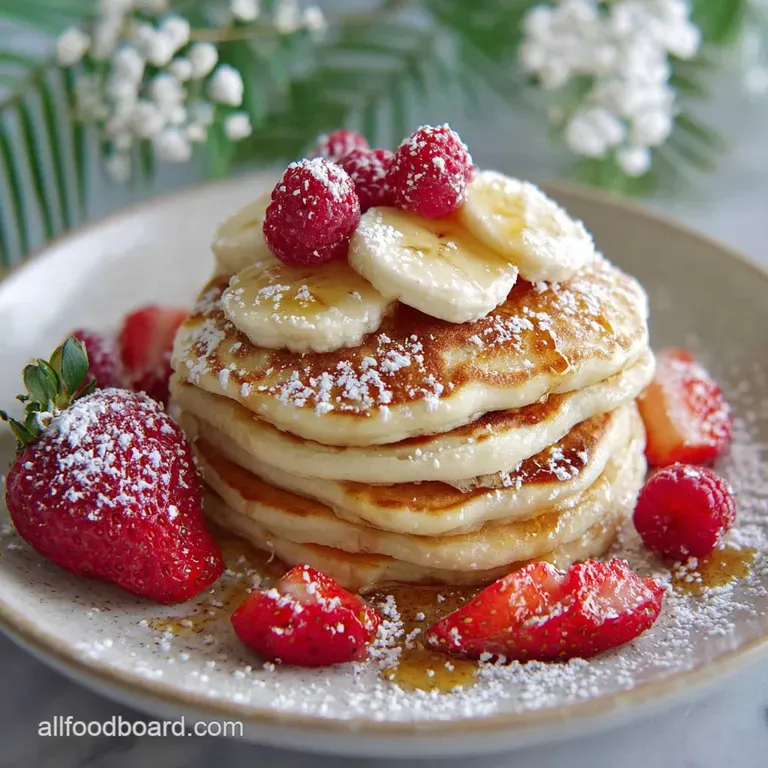 Pancakes plated with a dusting of powdered sugar and vibrant berries, creating an inviting and delicious breakfast.