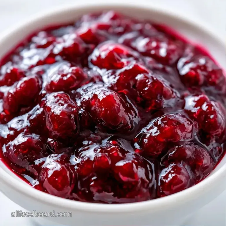 A glistening spoon of deep ruby preserve resting on a frosty white plate with a smooth, reflective surface.