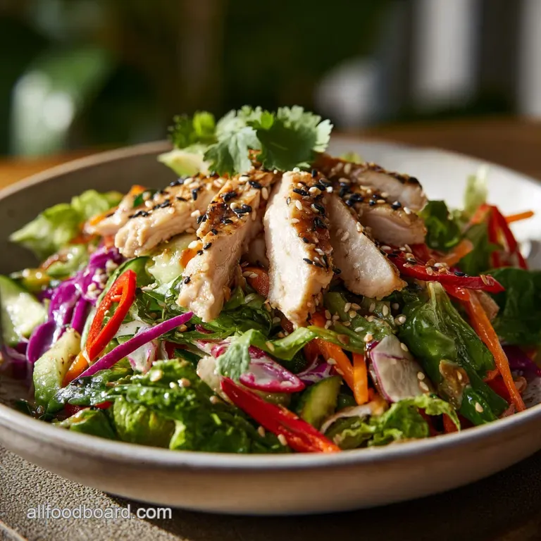 Bright & fresh Asian chicken salad, beautifully plated. Toasted almonds & sesame seeds add a nutty crunch to the colorful ...