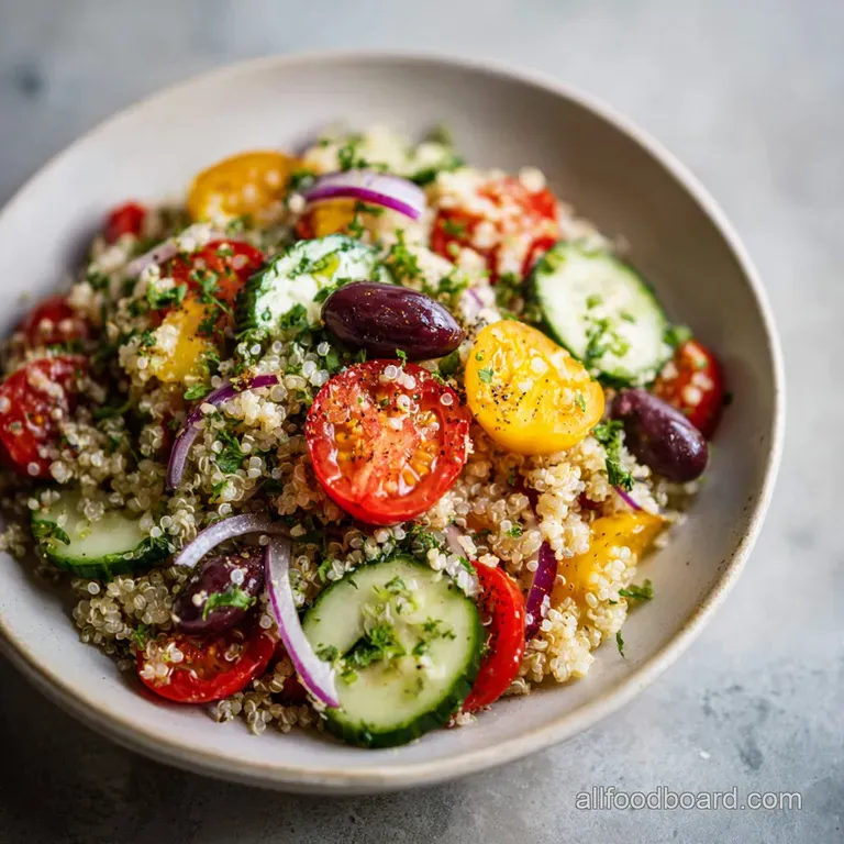 Mediterranean quinoa salad artfully arranged on a white plate, showcasing the bright colors and fresh textures of the ingr...