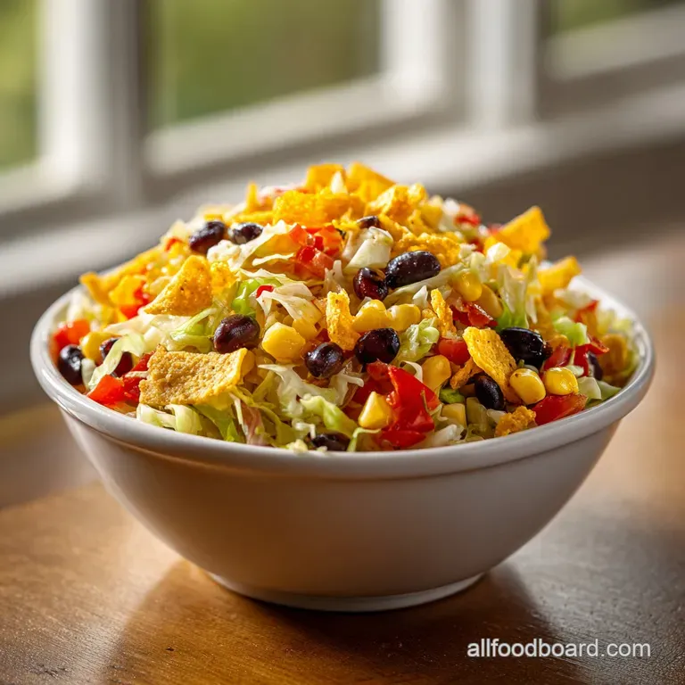 A wide wooden bowl filled with colorful shredded cabbage, corn, and golden corn chips topped with fresh cilantro.