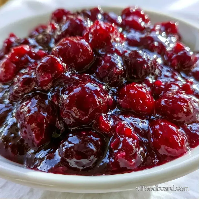 A crystal clear glass jar filled with ruby red preserves beside fresh blueberries and mint on a white marble surface.