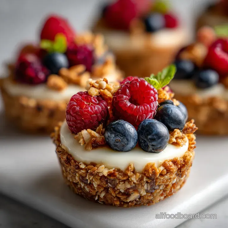 Frozen yogurt cup half-eaten revealing layered granola and yogurt. Sprinkled with berries, sitting on a white plate.