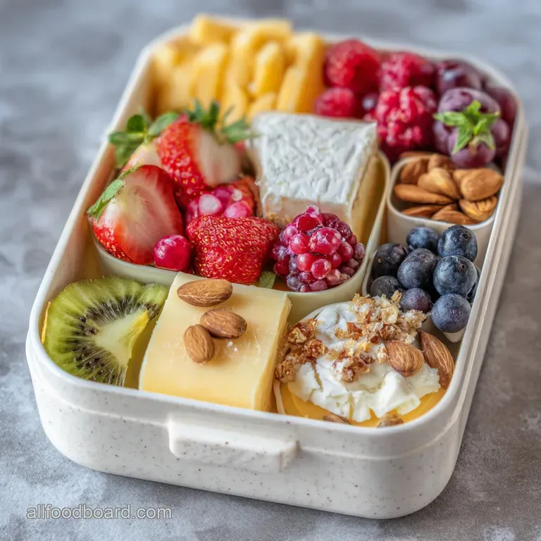 Individual compartments holding artisan cheese, juicy grapes, and mixed berries; artfully arranged for a fresh, flavorful ...