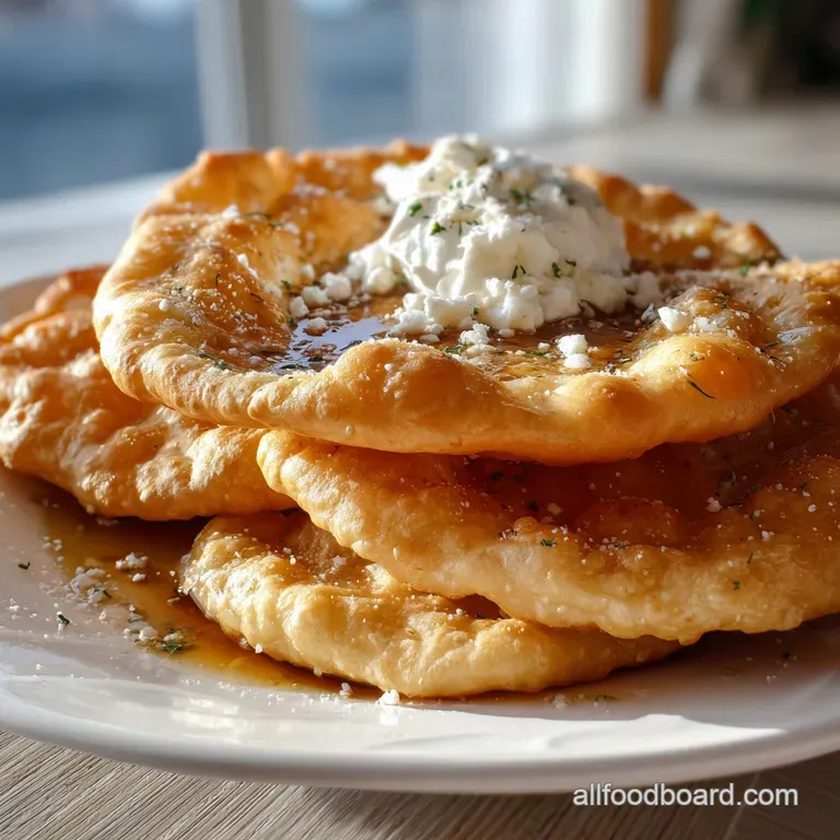Warm, golden fry bread drizzled with honey rests on a rustic wooden board. A scattering of fresh berries adds pops of vibr...