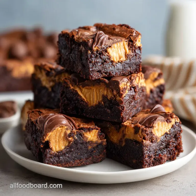 A fudgy chocolate brownie with peanut butter and Reese's sits on a plate, powdered sugar dusting, enticing and rich.