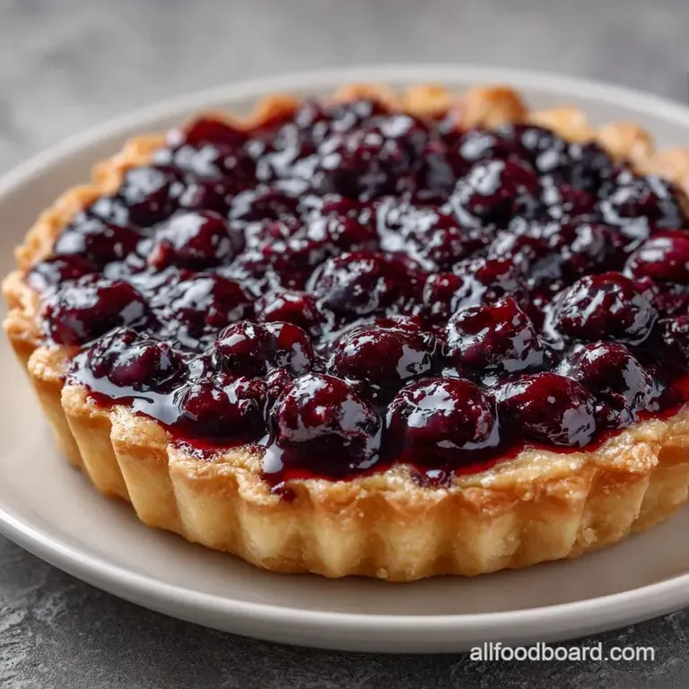 A wedge of deep purple berry pie on a white ceramic plate with a dollop of melting vanilla cream and fresh mint.