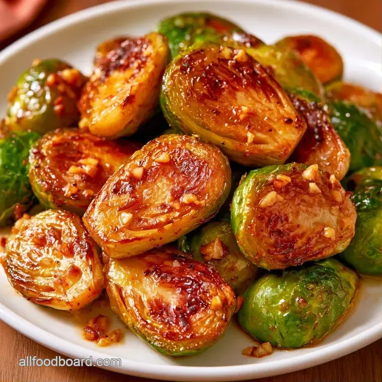 Charred green sprouts piled high on a matte white plate, garnished with minced garlic and a drizzle of melted butter.