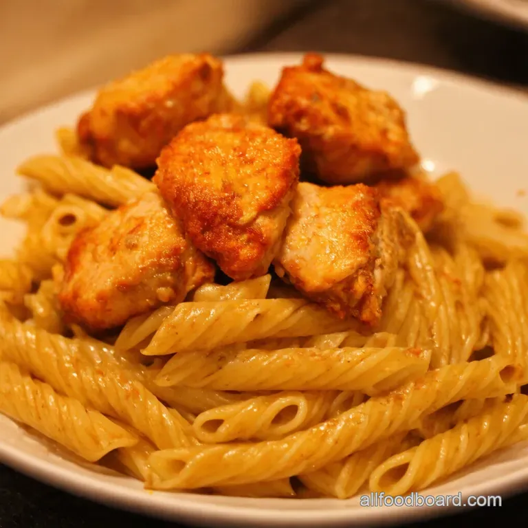 Garlic Butter Chicken Bites Meet Spicy Cajun Alfredo Twisted Pasta presentation