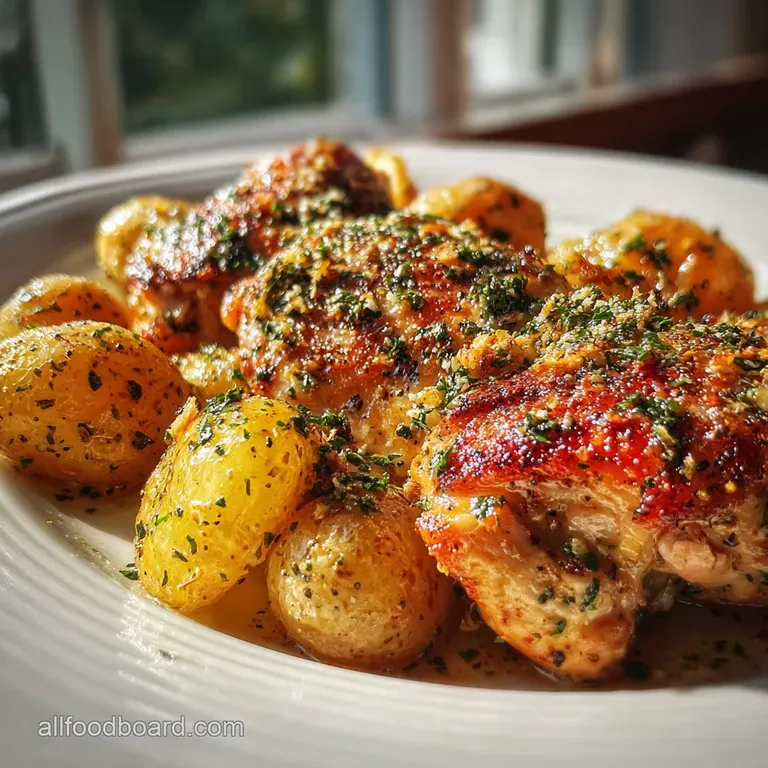Buttery roasted chicken and potatoes, plated beautifully with a sprinkle of fresh parsley, steam rising, ready to eat.