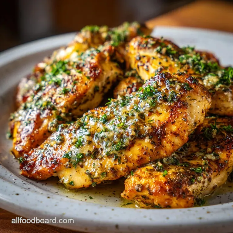 A perfectly plated portion of garlic butter chicken with velvety sauce, alongside bright green broccoli and fluffy white r...