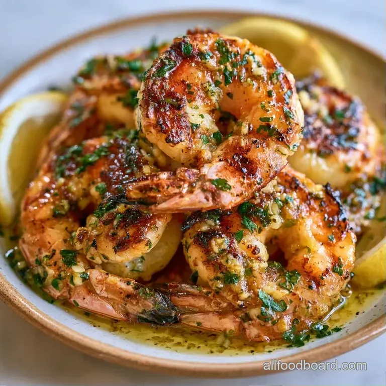 Plump, pink shrimp arranged around fresh lemon wedges and bright green herbs on a dark, modern slate platter.