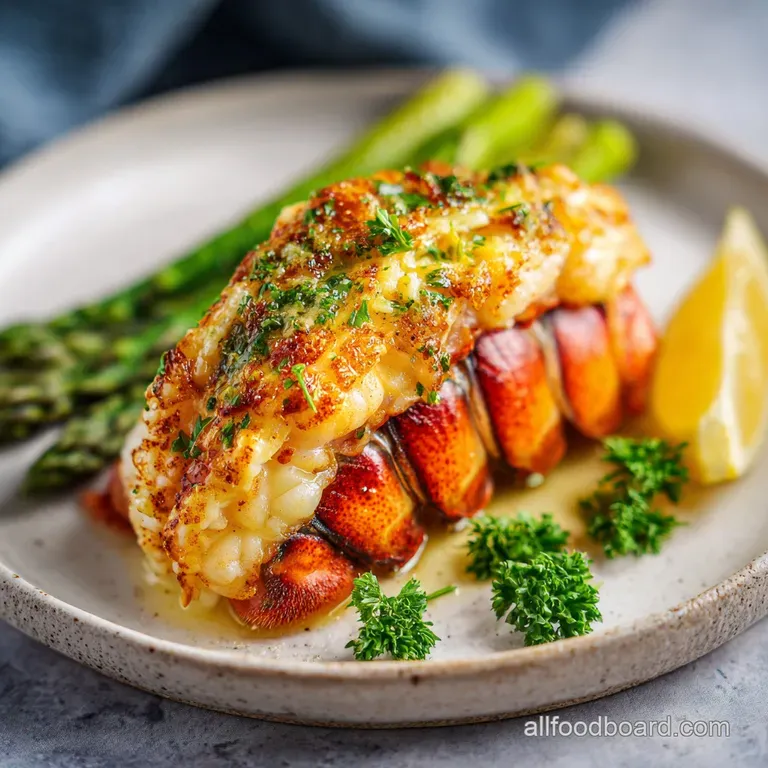 Perfectly cooked lobster tail presented on a bright white plate, butter glistening, ready to eat, next to a lemon wedge.