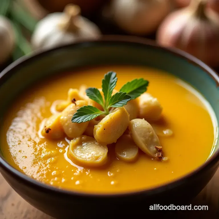 The Head of the Class Garlic Elixir Soup A Golden Hug in a Bowl presentation