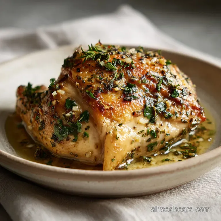 Plated chicken with bright green herbs, nestled with roasted vegetables. A drizzle of sauce adds richness to this flavorfu...