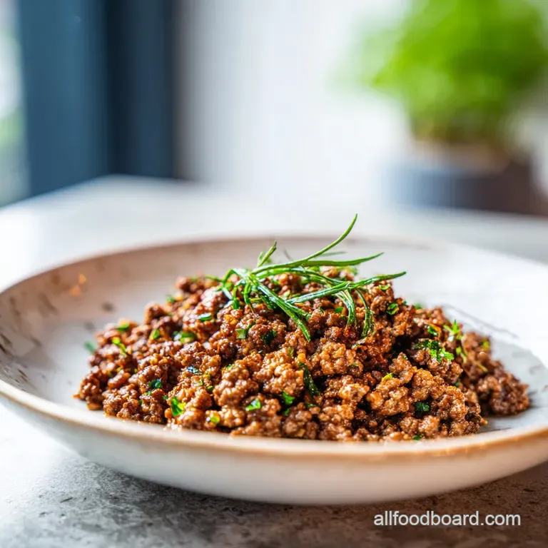 Perfect portion of seasoned ground beef and tender vegetables, artfully plated with fresh herbs and a glistening garlic cl...