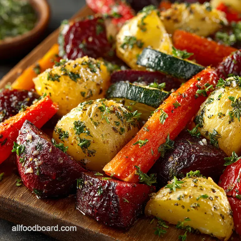 Garlic Herb Roasted Rainbow Veggies Potatoes Carrots Zucchini presentation