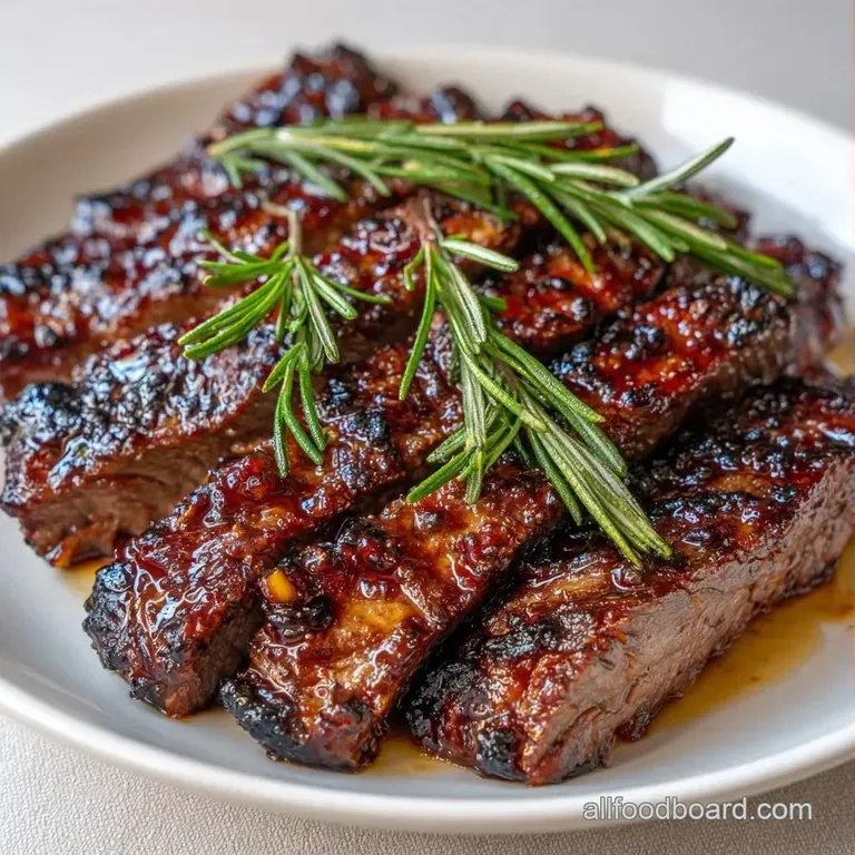 Seared beef slices fanned across a white plate, topped with melted garlic butter and a sprig of fresh rosemary.